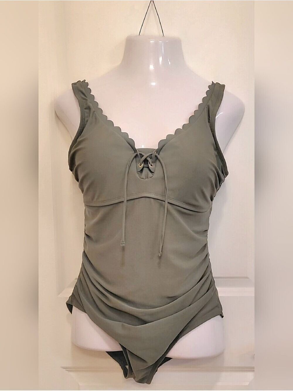 Merona Olive Green Scalloped Lace-Up Tankini Top